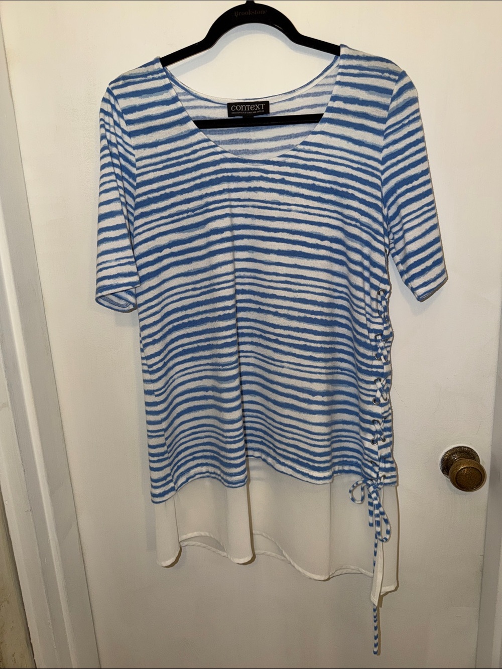 Context Blue & White Striped Side-Tie Tunic Top with Chiffon Hem
